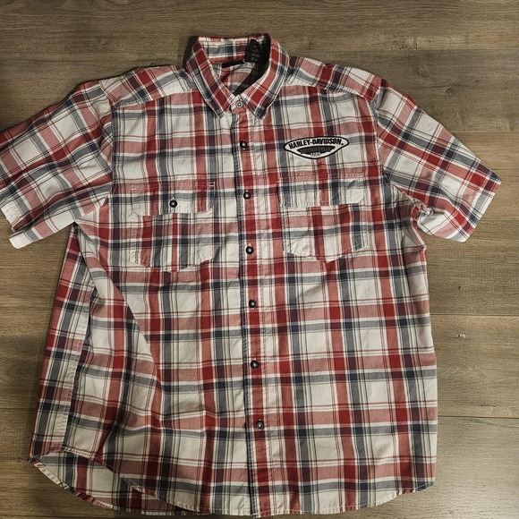 Harley-Davidson Shirt Mens XL Short Sleeve Red Plaid Snap Front Motorcycle - Picture 2 of 7